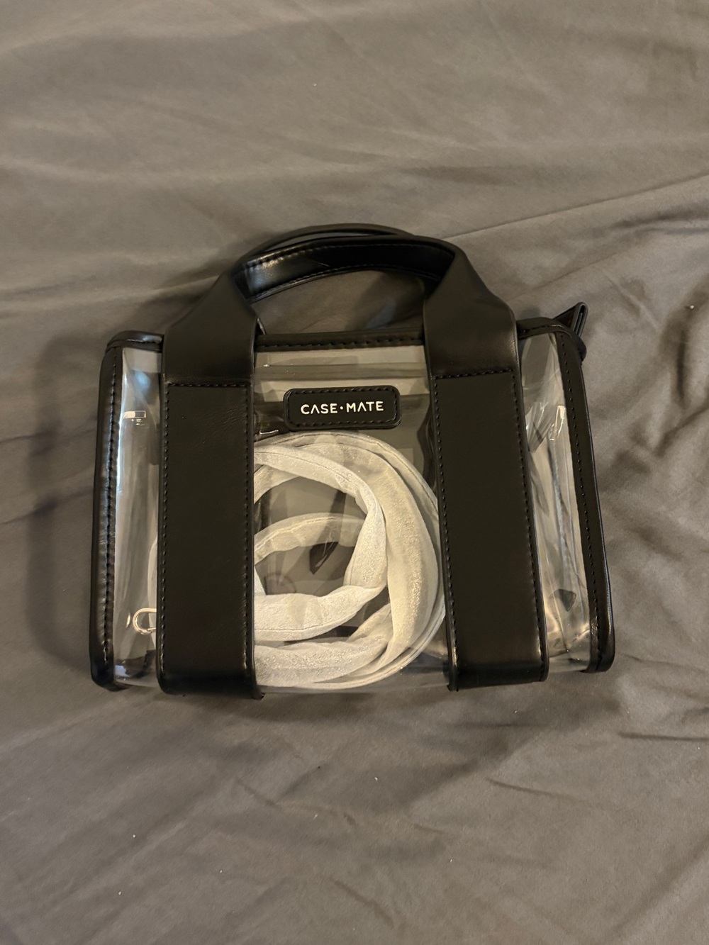 case-mate Clear Mini Tote with Black Trim and White Strap